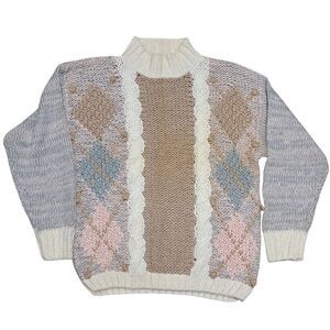 Vintage Project Hand Knit Y2K Grannycore Pastel Cable Knit Large Multi-Color